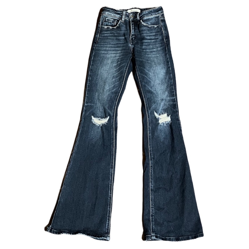 Dark Wash Flare Jeans with Knee Distress - Women